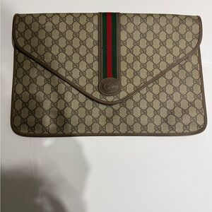 Gucci Beige and Brown Laptop Bag with Red and Green Stripe